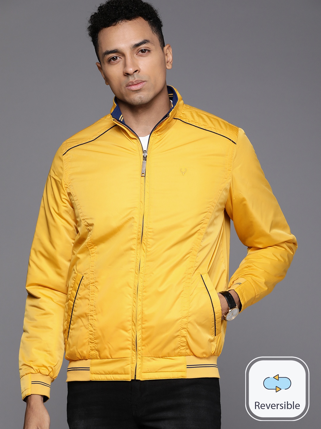 

Allen Solly Men Stand Collar Reversible Bomber Pure Cotton Jacket, Yellow