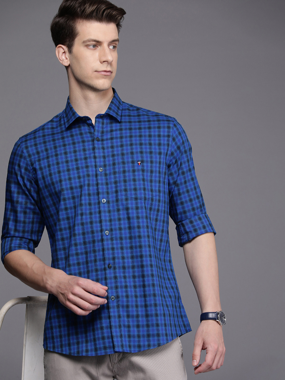 

Louis Philippe Sport Slim Fit Cotton Checked Casual Shirt, Blue