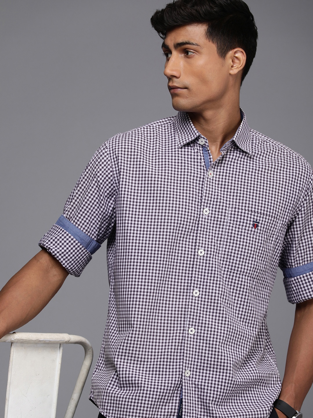 

Louis Philippe Sport Pure Cotton Tailored Fit Gingham Checked Casual Shirt, Purple