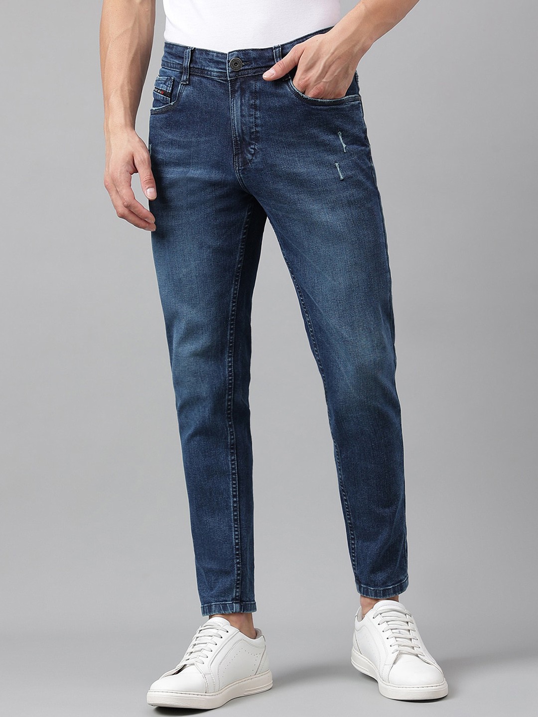 

Code 61 Men Skinny Fit Low-Rise Low Distress Light Fade Stretchable Jeans, Blue