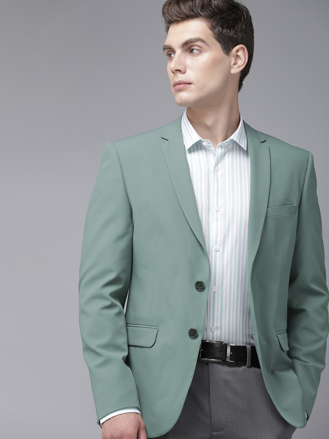 

V Dot Solid Skinny Fit Single Breasted Formal Blazer, Green
