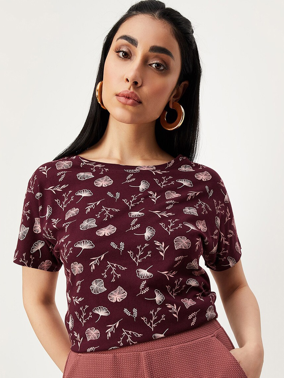 

max Floral Printed Round Neck Pure Cotton T-shirt, Maroon