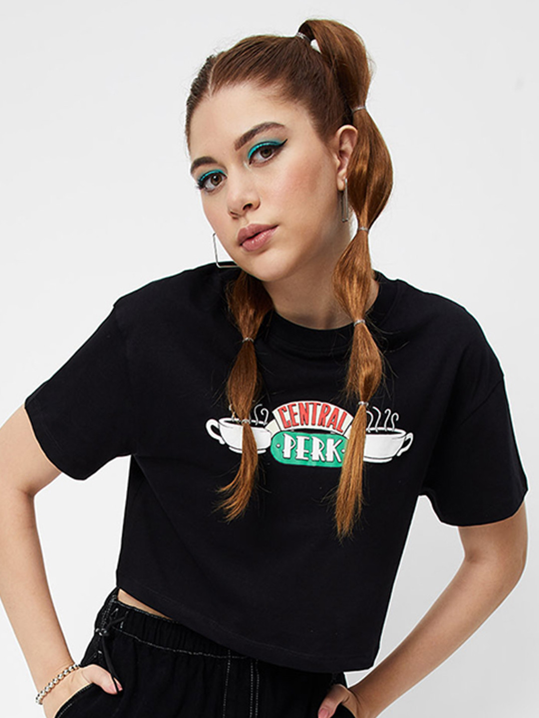 

max Friends Graphic Printed Crop Pure Cotton T-Shirt, Black