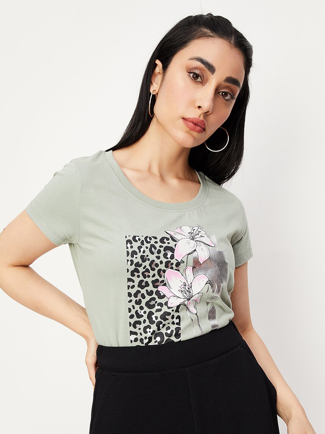 max Floral Printed Pure Cotton T-shirt, Green