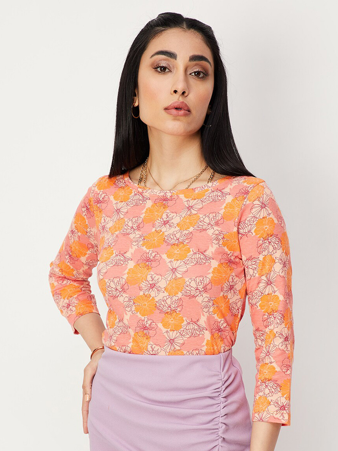 

max Floral Printed Pure Cotton T-shirt, Orange