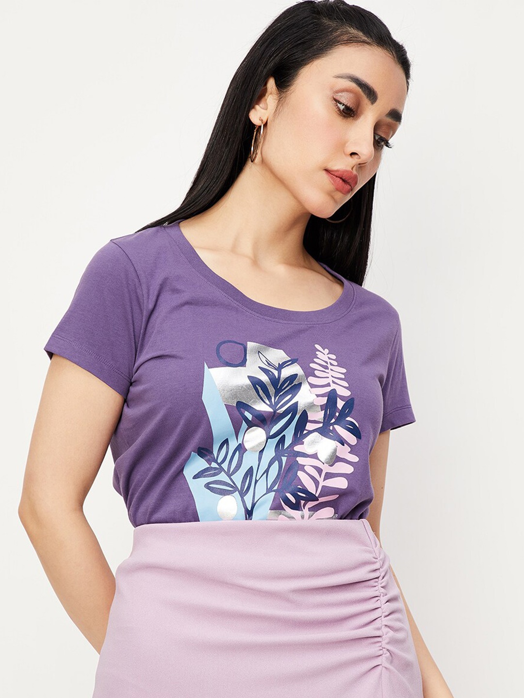

max Floral Printed Pure Cotton T-shirt, Purple