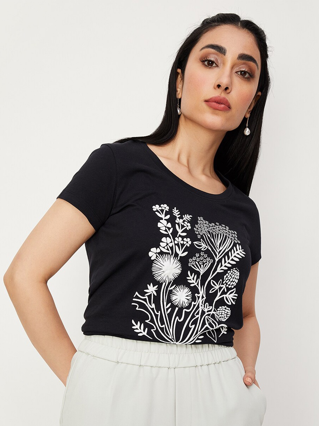 max Floral Printed Pure Cotton T-shirt, Black