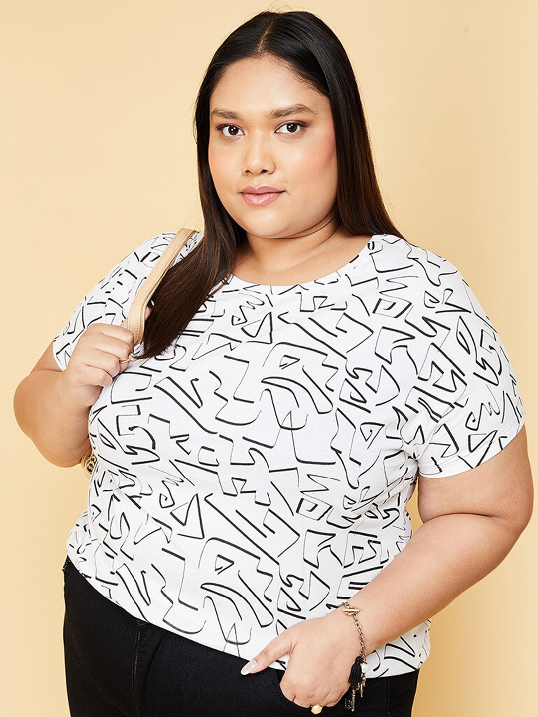

max Plus Size Abstract Printed Pure Cotton T-shirt, White