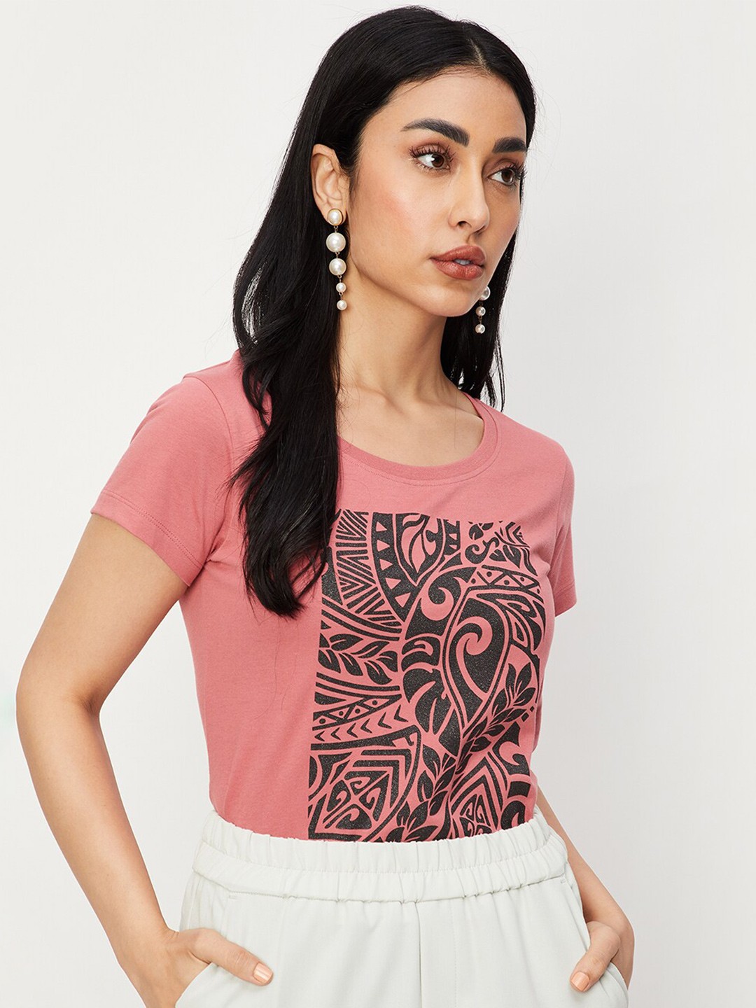 

max Ethnic Motif Printed Pure Cotton T-shirt, Coral