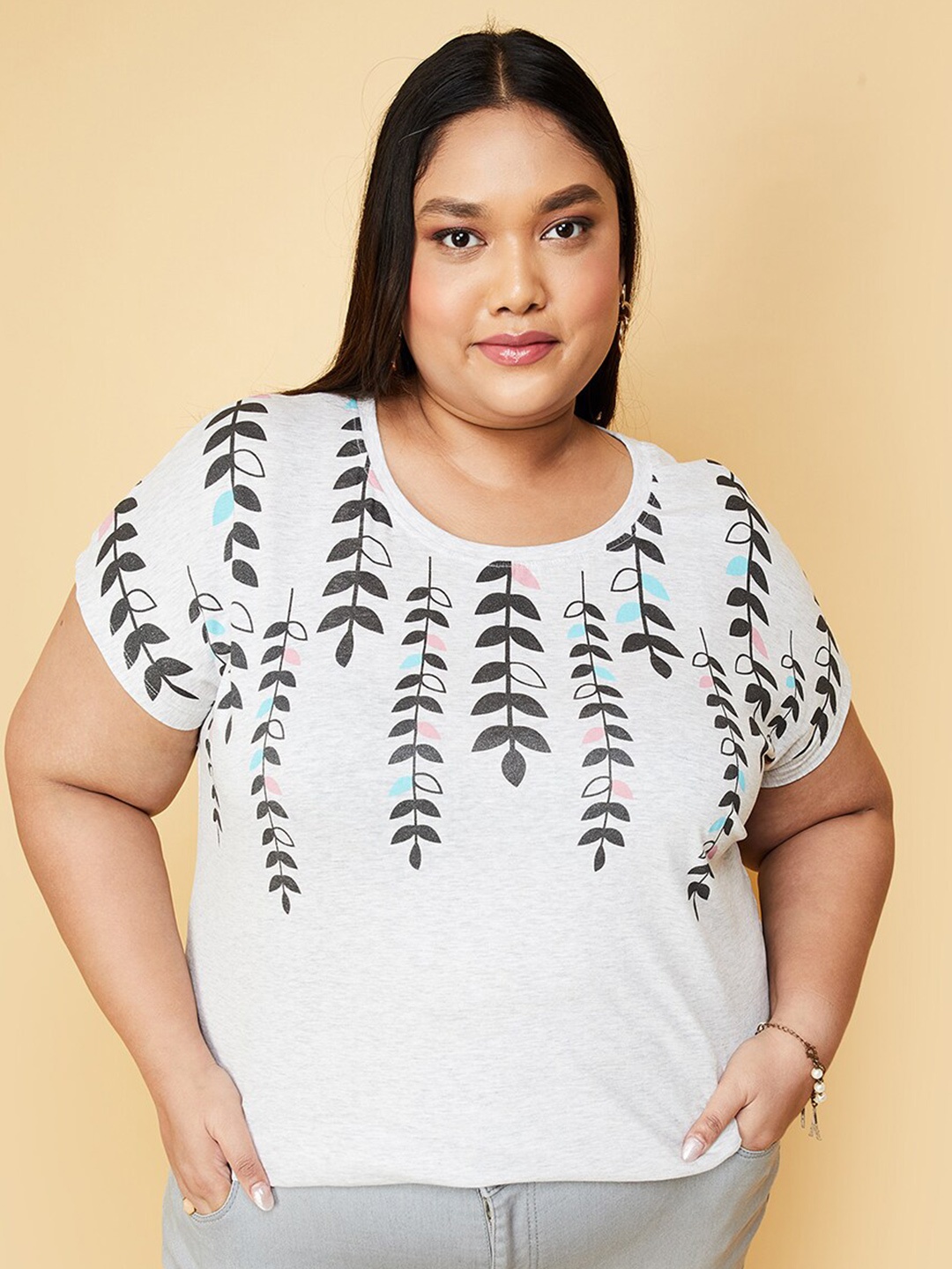 

max Plus Size Floral Printed Pure Cotton T-shirt, White