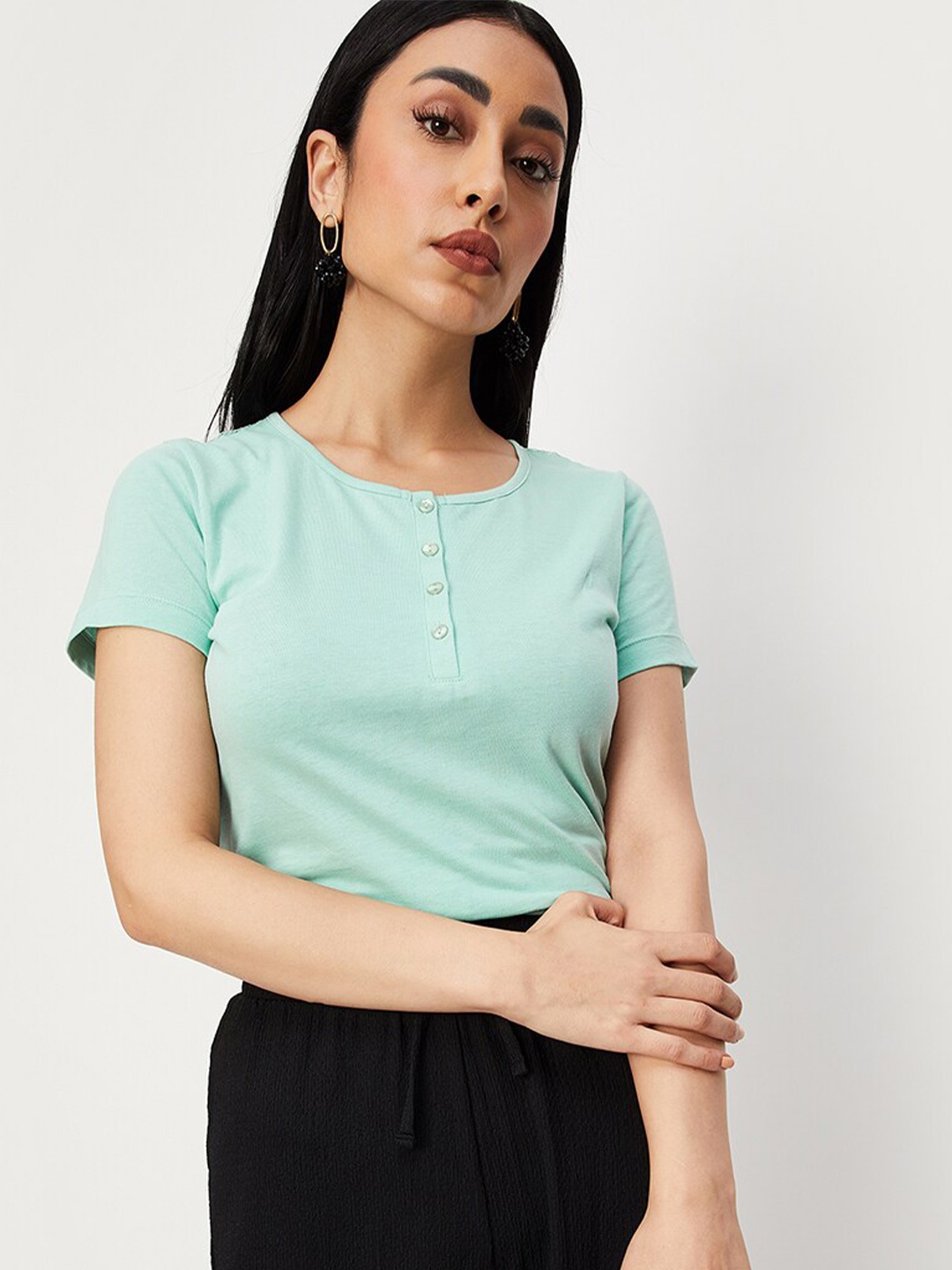 

max Henley Neck Pure Cotton T-shirt, Sea green