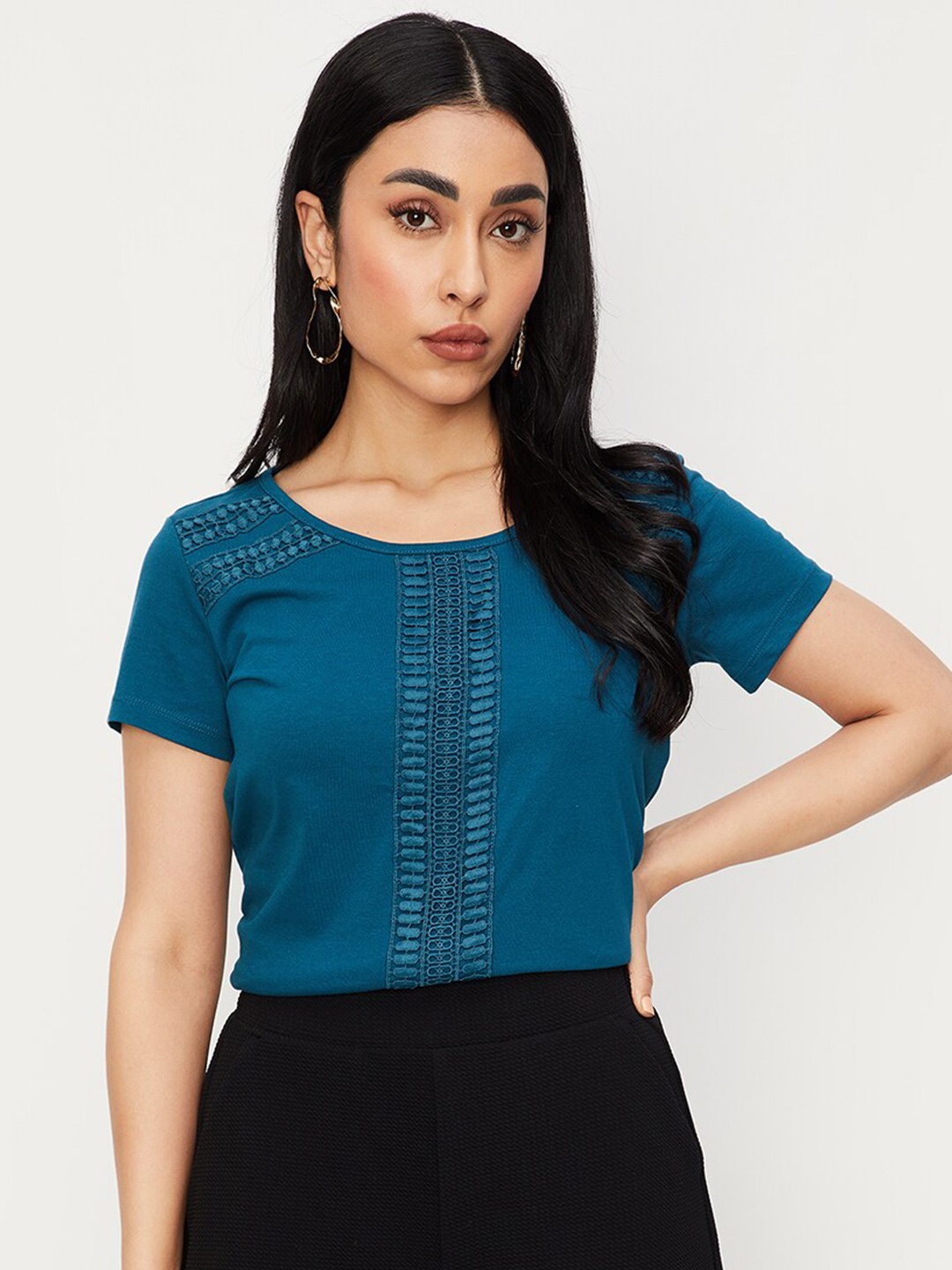 

max Self Design Pure Cotton T-shirt, Blue