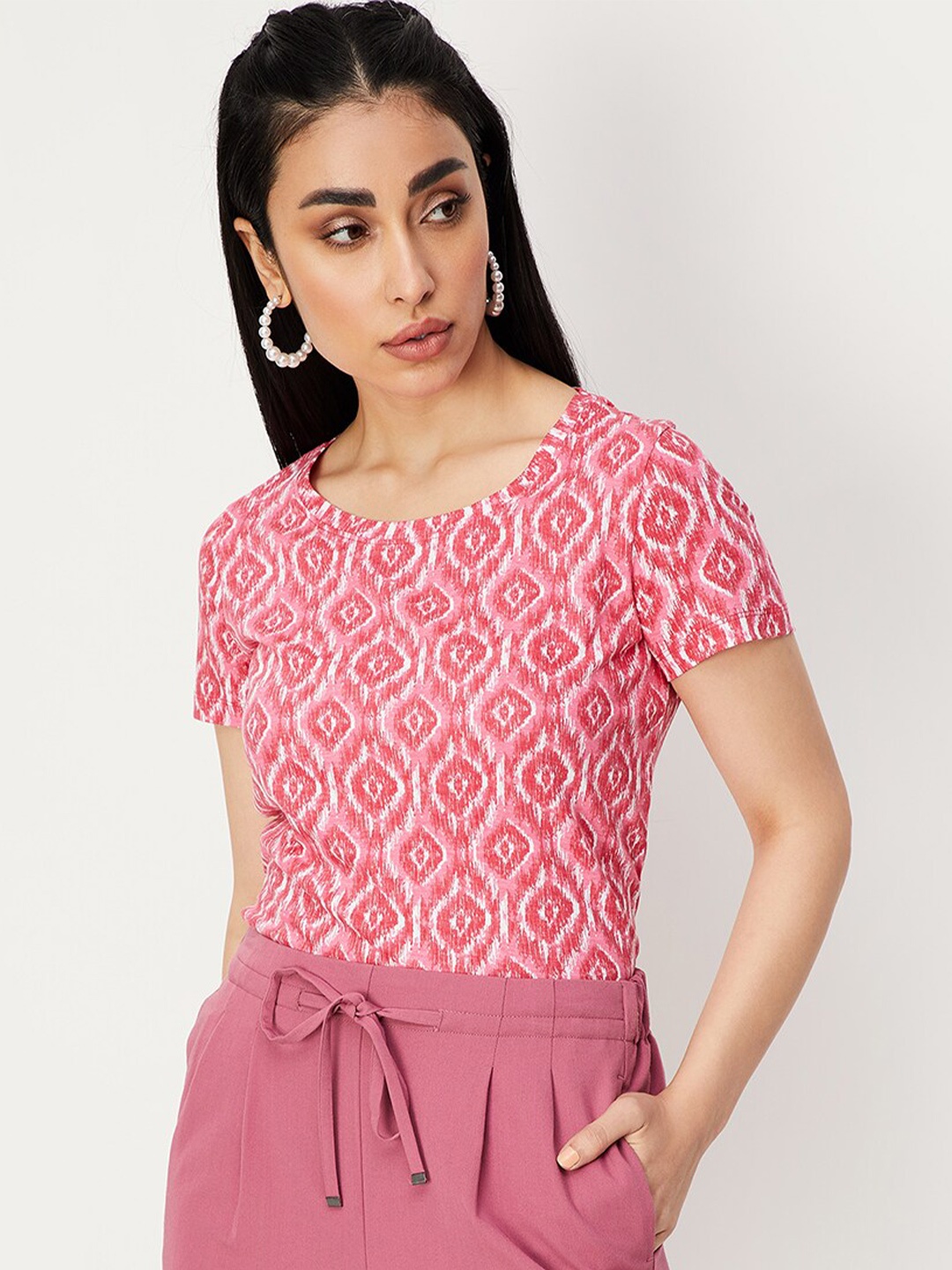 max Printed Round Neck Pure Cotton T-shirt, Red