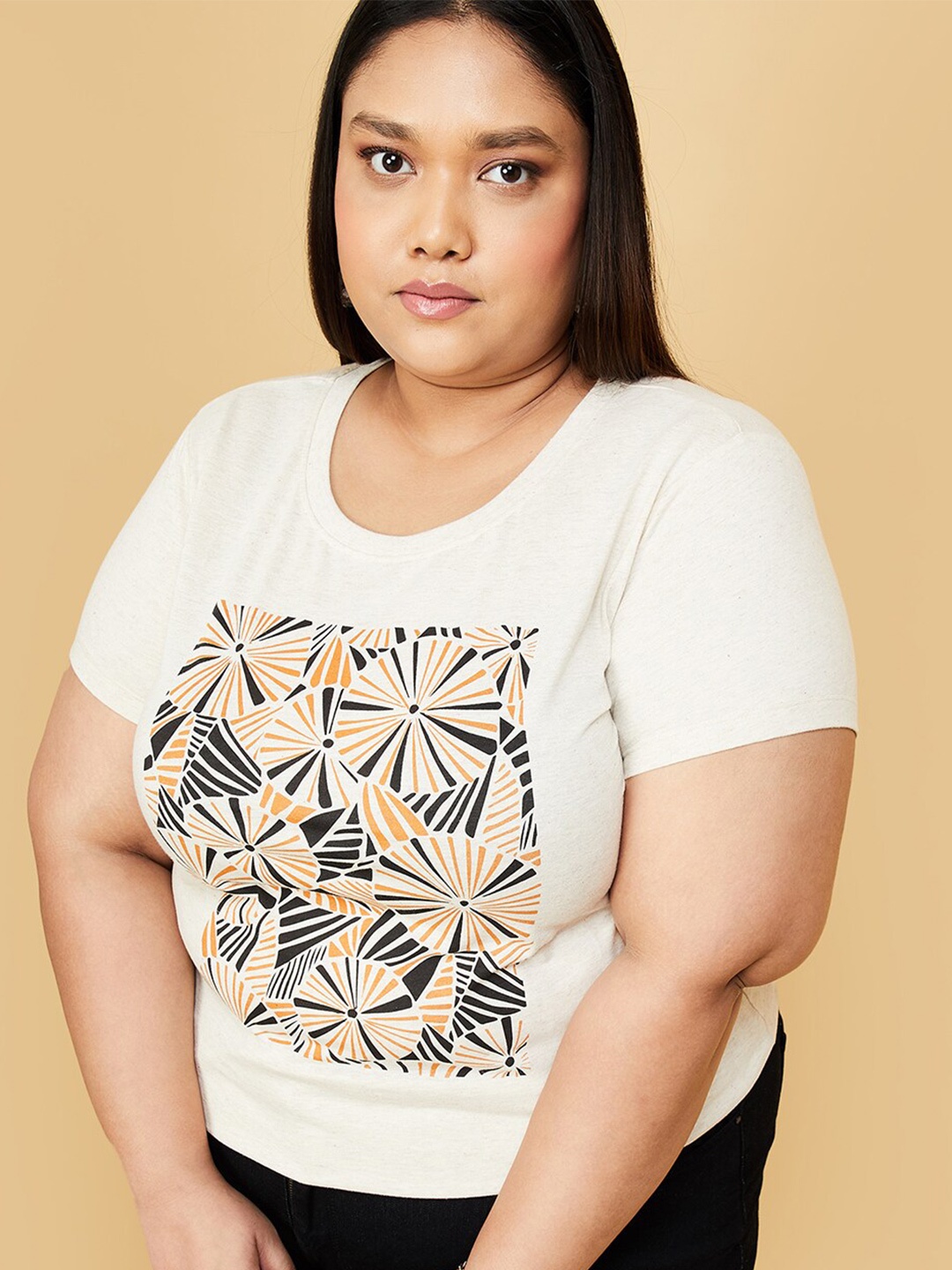 

max Plus Size Floral Printed Pure Cotton T-shirt, Beige