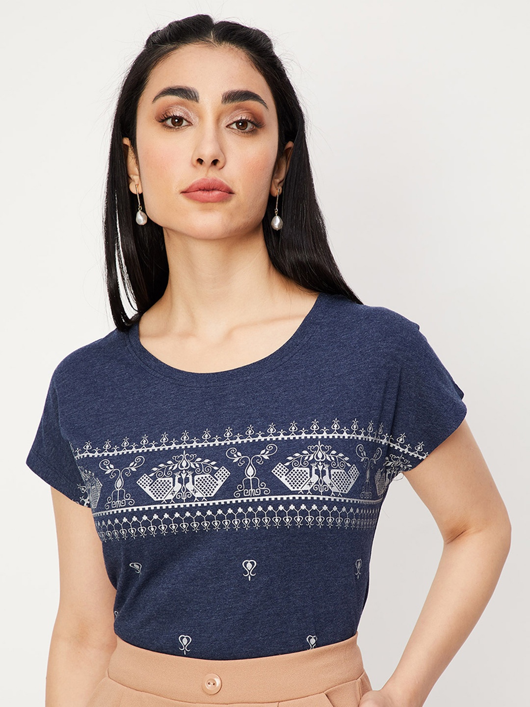 

max Ethnic Motifs Printed Extended Sleeves Pure Cotton T-shirt, Blue