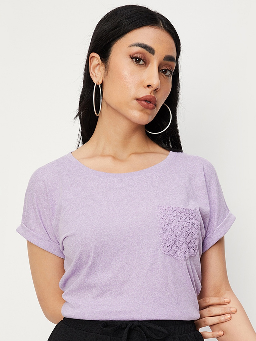 

max Round Neck Extended Sleeves T-shirt, Purple
