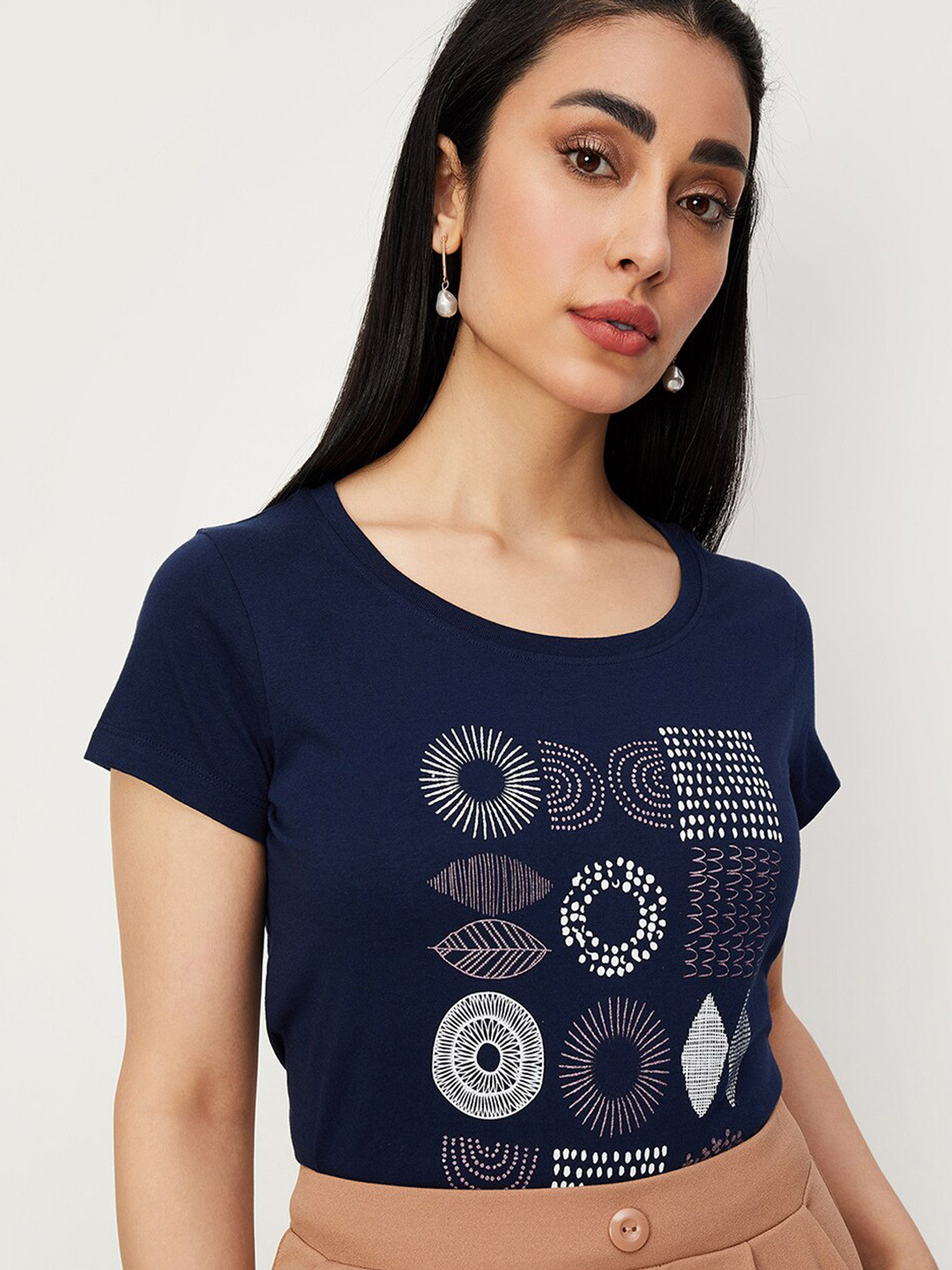 

max Printed Round Neck Pure Cotton T-shirt, Navy blue
