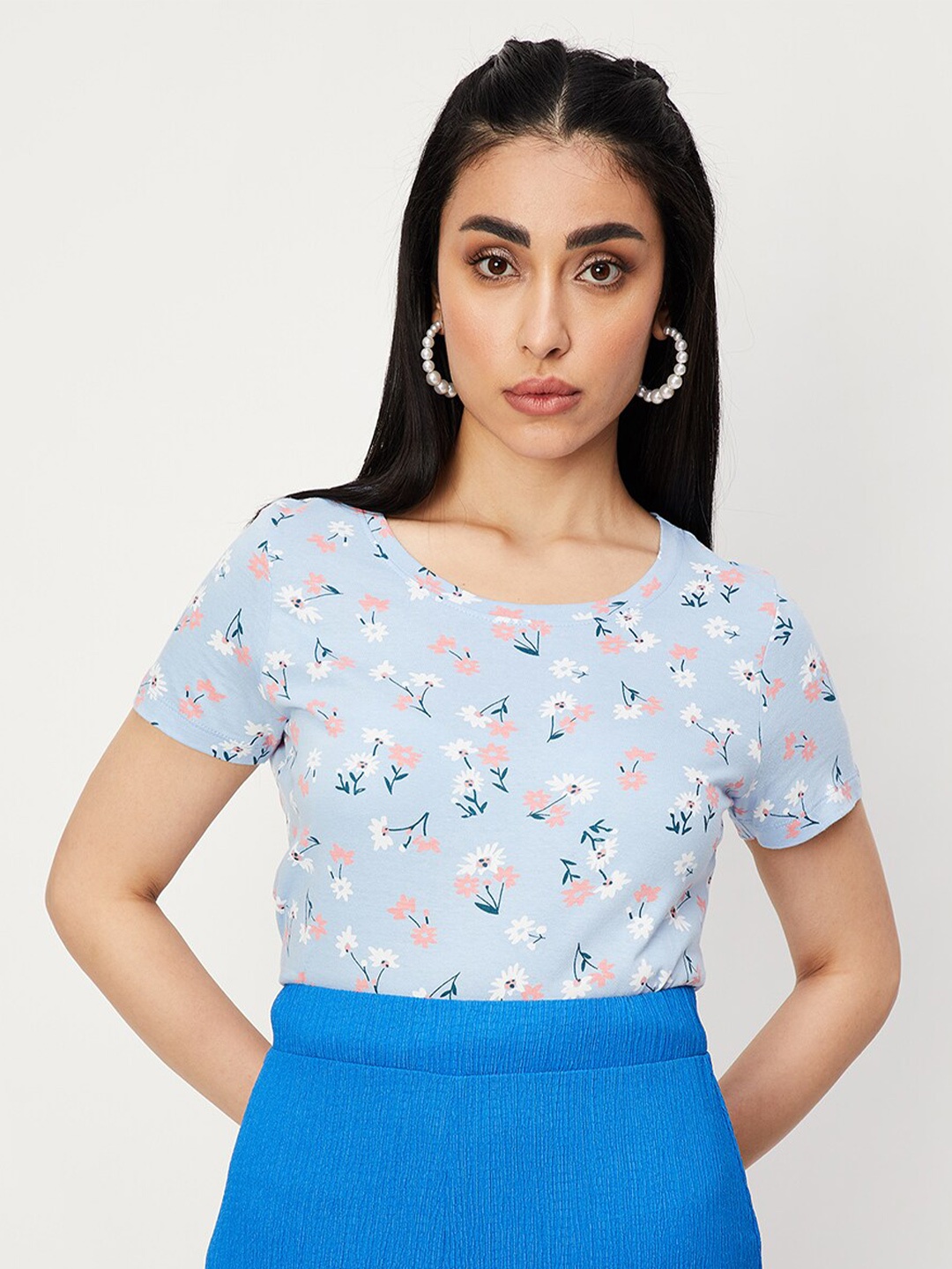 

max Floral Printed Regular Fit Pure Cotton T-shirt, Blue