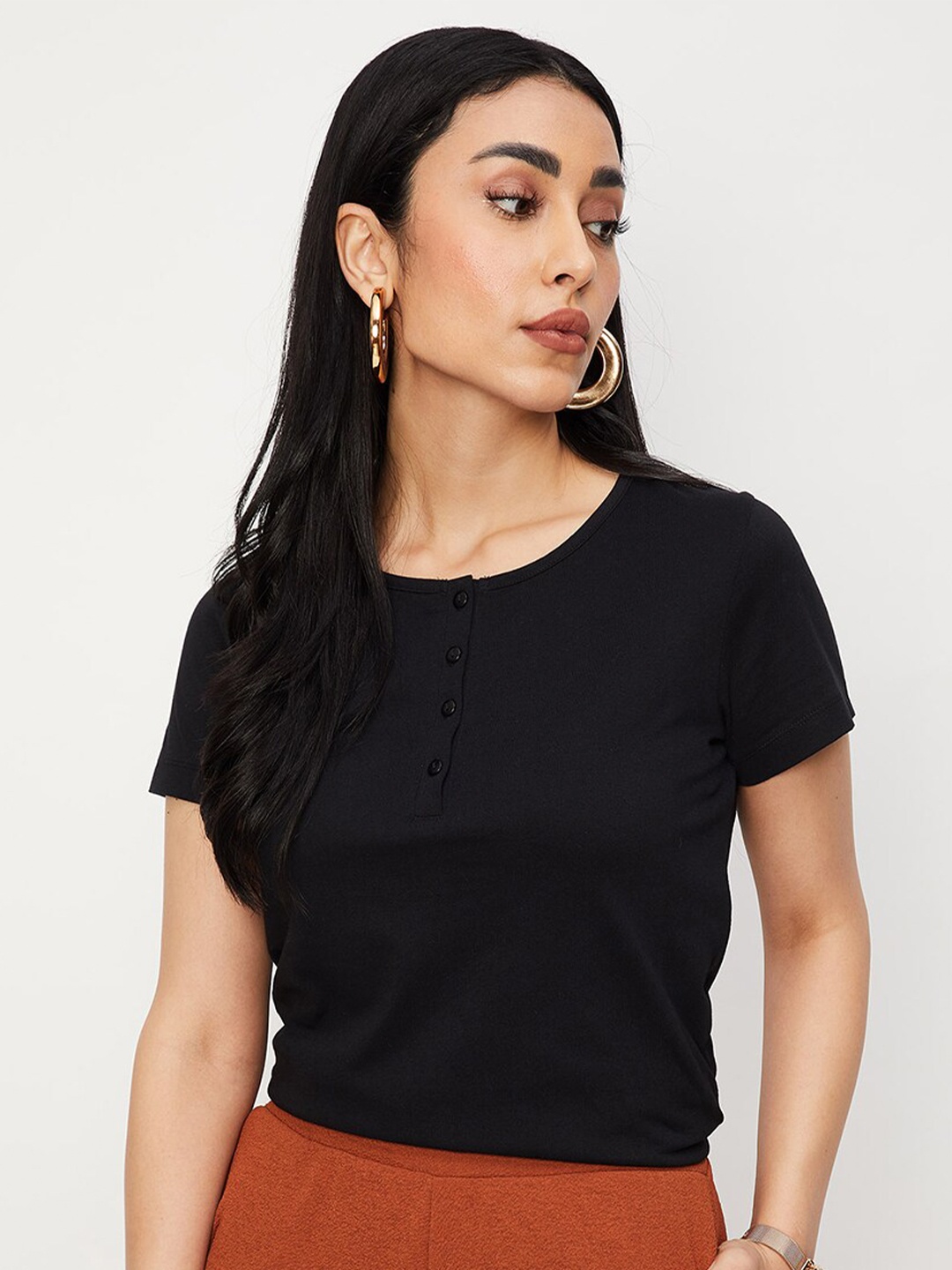 

max Round Neck Pure Cotton T-shirt, Black