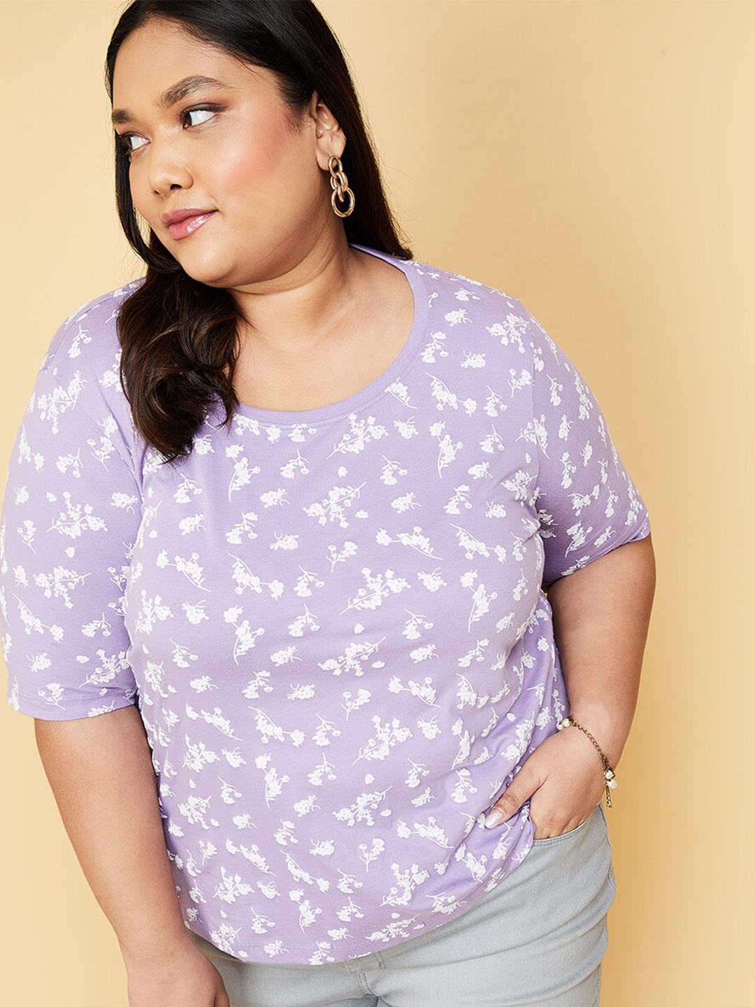 

max Plus Size Floral Printed Pure Cotton T-shirt, Purple