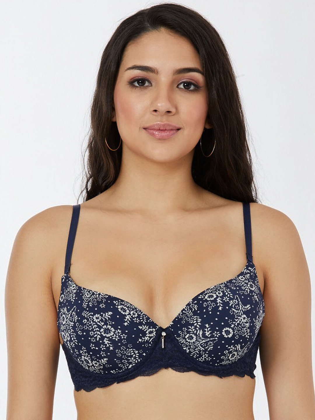 

Candour London Floral Printed Medium Coverage Underwired Lightly Padded Push-Up Bra, Navy blue