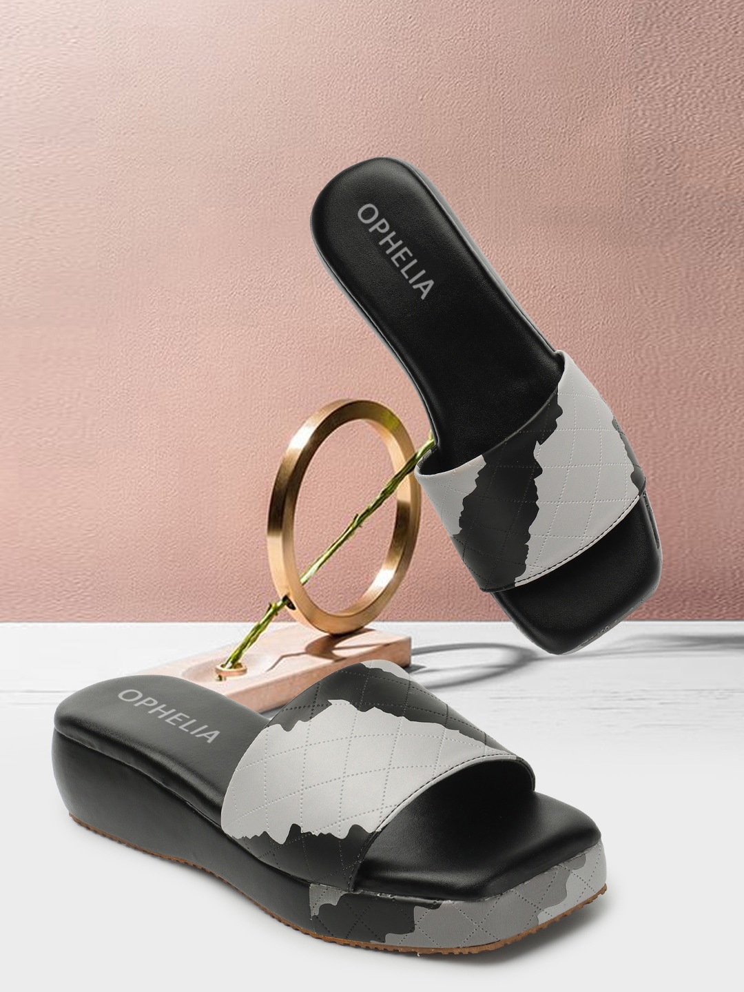 

OPHELIA Printed Open Toe Flats, Black