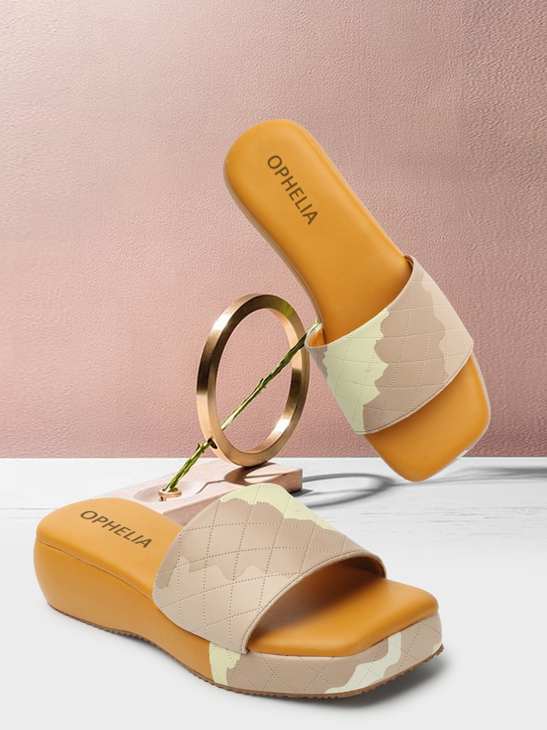 

OPHELIA Printed Open Toe Flats, Yellow