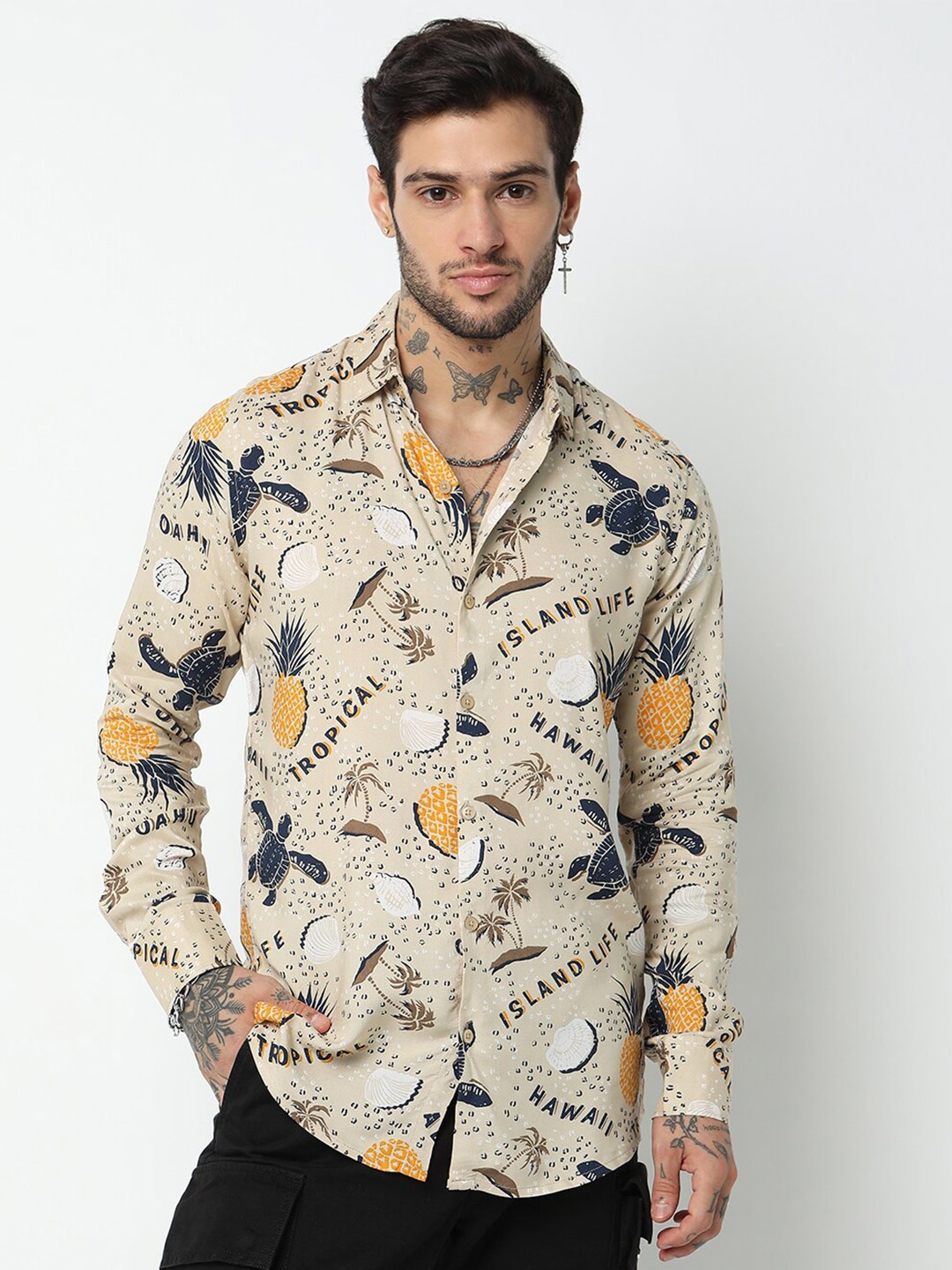 

7Shores Classic Conversational Printed Casual Shirt, Beige
