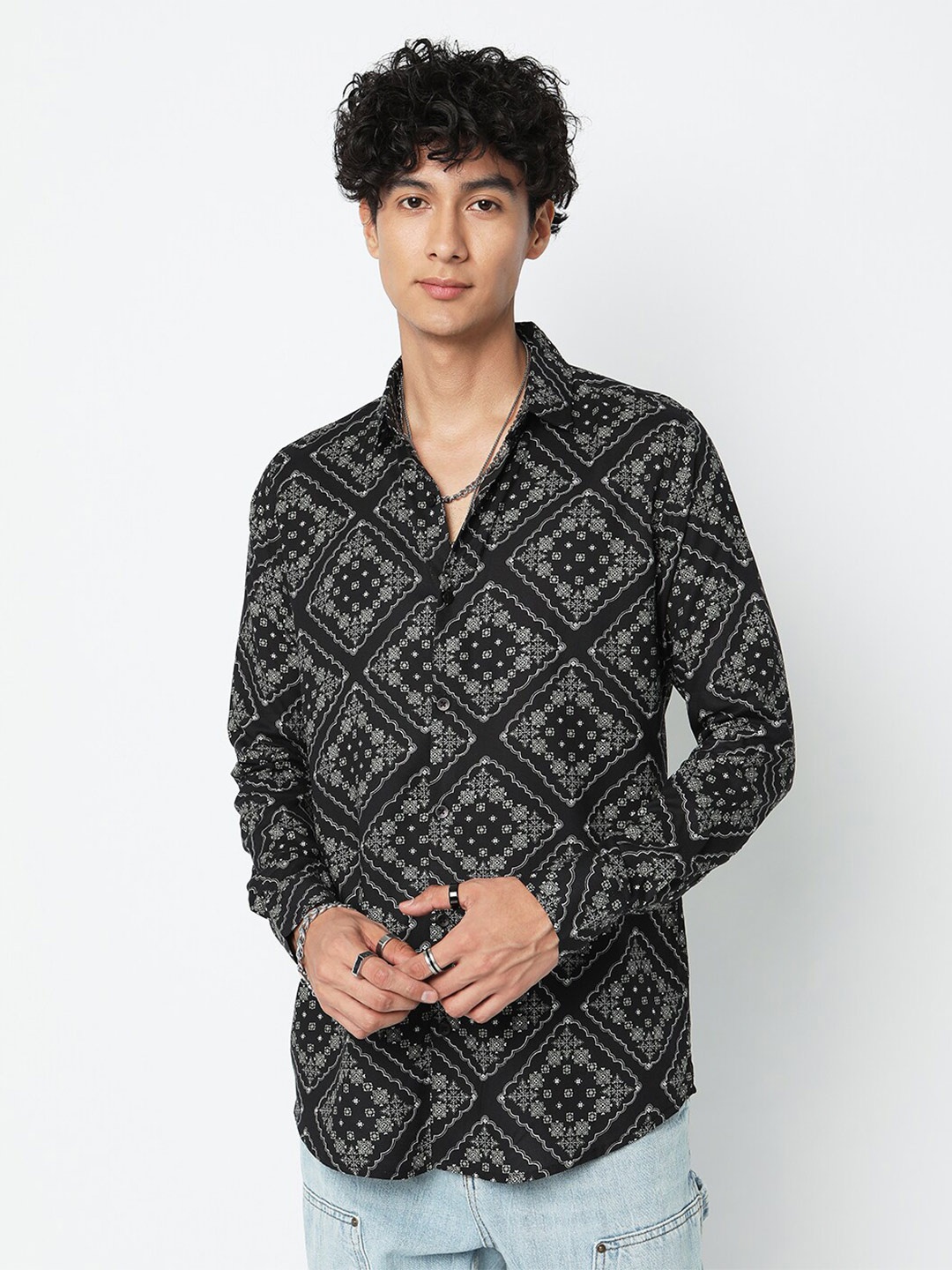 

7Shores Classic Ethnic Motifs Printed Casual Shirt, Black