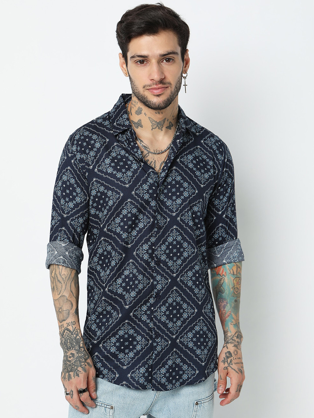 

7Shores Classic Ethnic Printed Casual Shirt, Blue