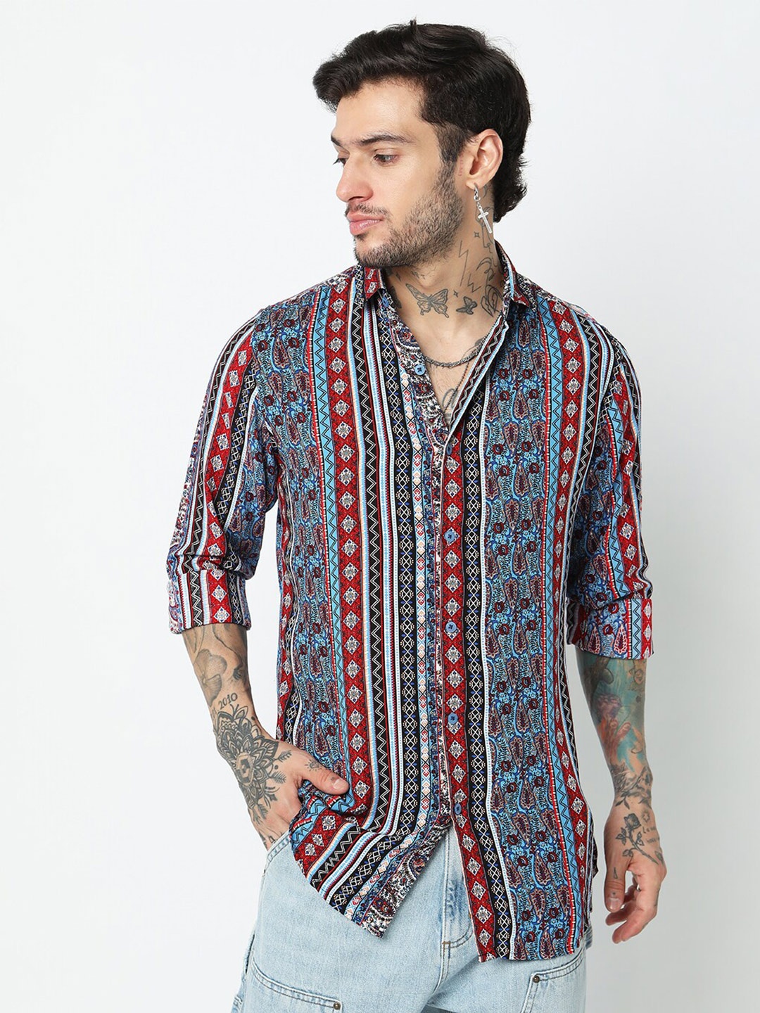 

7Shores Classic Ethnic Printed Casual Shirt, Blue