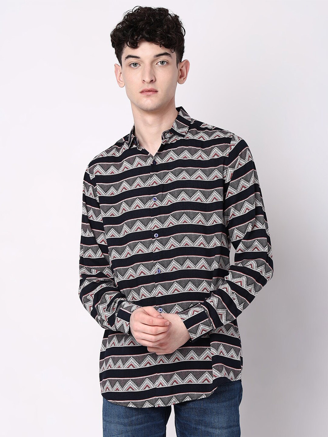 

7Shores Classic Geometric Printed Casual Shirt, Navy blue