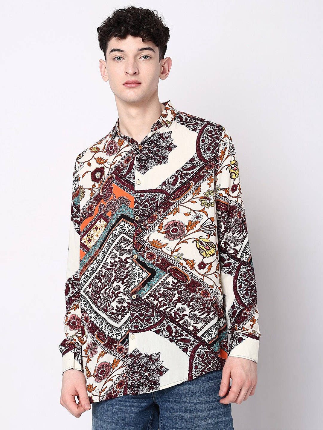 

7Shores Floral Printed Classic Casual Shirt, Cream