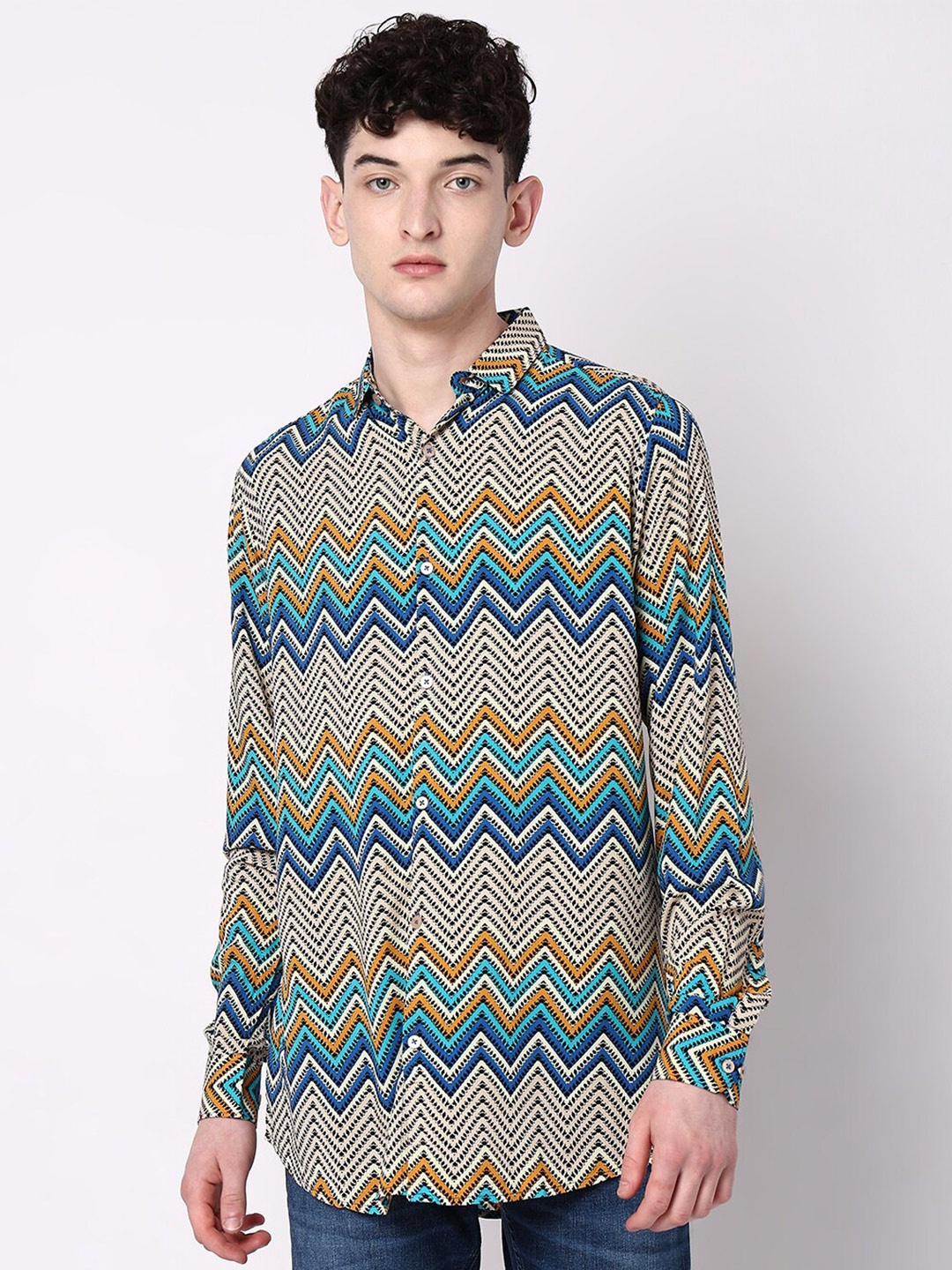 

7Shores Geometric Printed Classic Casual Shirt, Cream