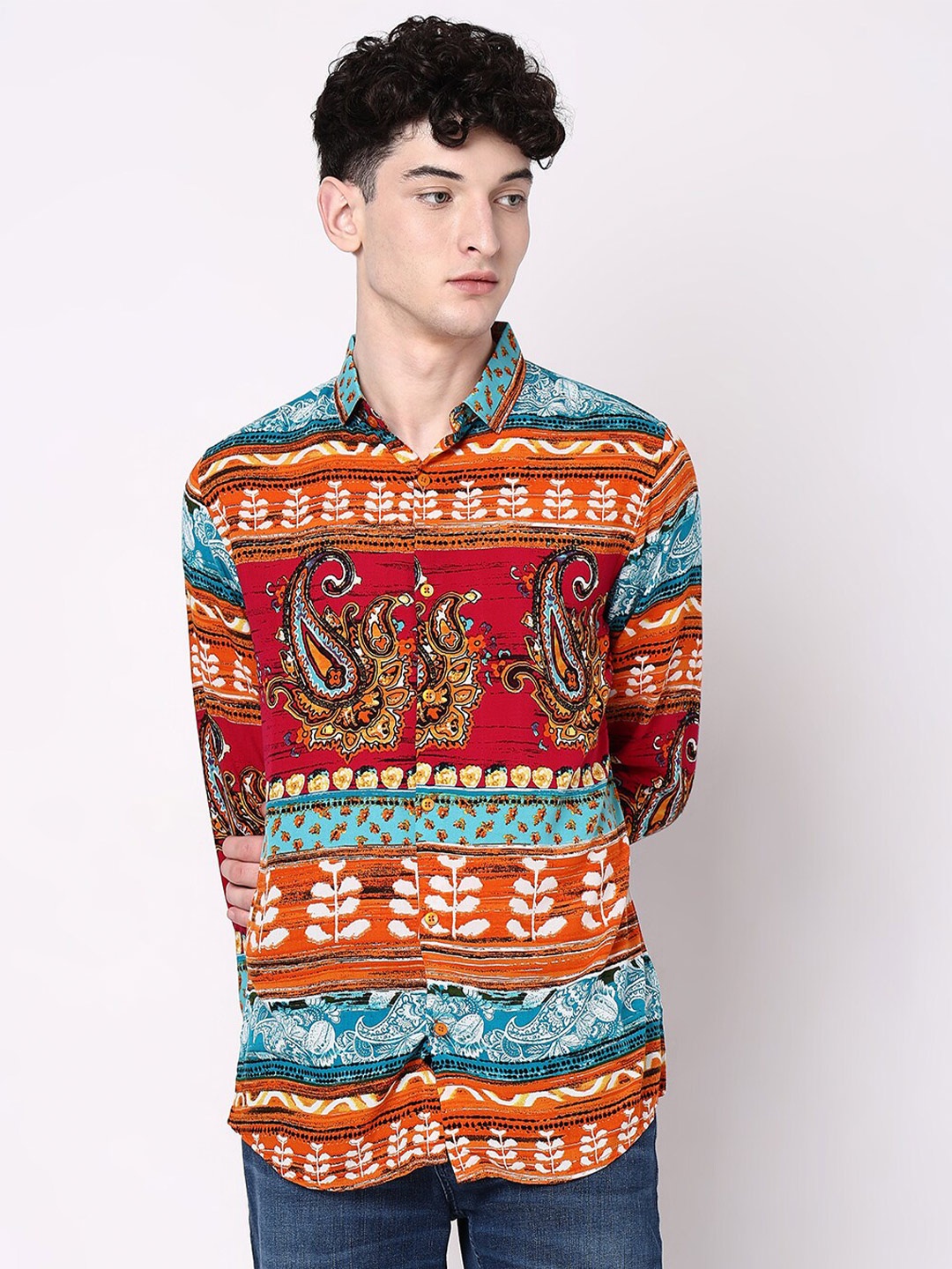 

7Shores Ethnic Motif Printed Classic Casual Shirt, Orange