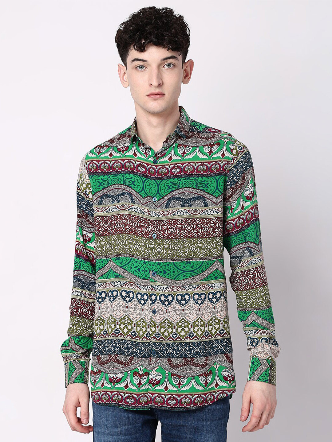 

7Shores Classic Ethnic Motif Printed Casual Shirt, Green