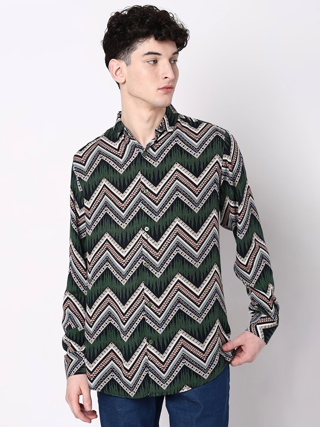 

7Shores Classic Geometric Printed Casual Shirt, Green