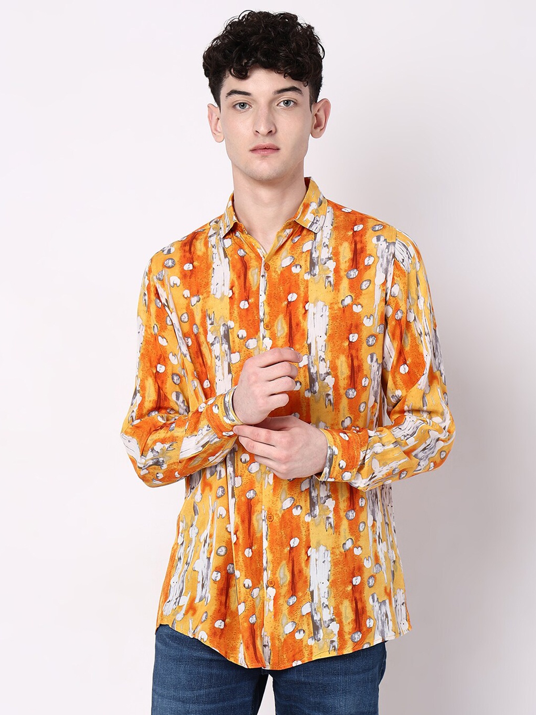 

7Shores Classic Abstract Printed Casual Shirt, Orange