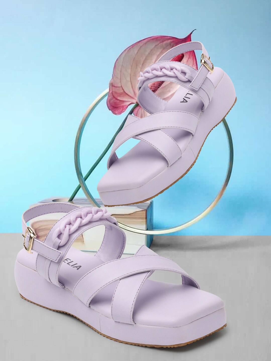 

OPHELIA Cross Strap Embellished Open Toe Flats With Buckle Closure, Lavender