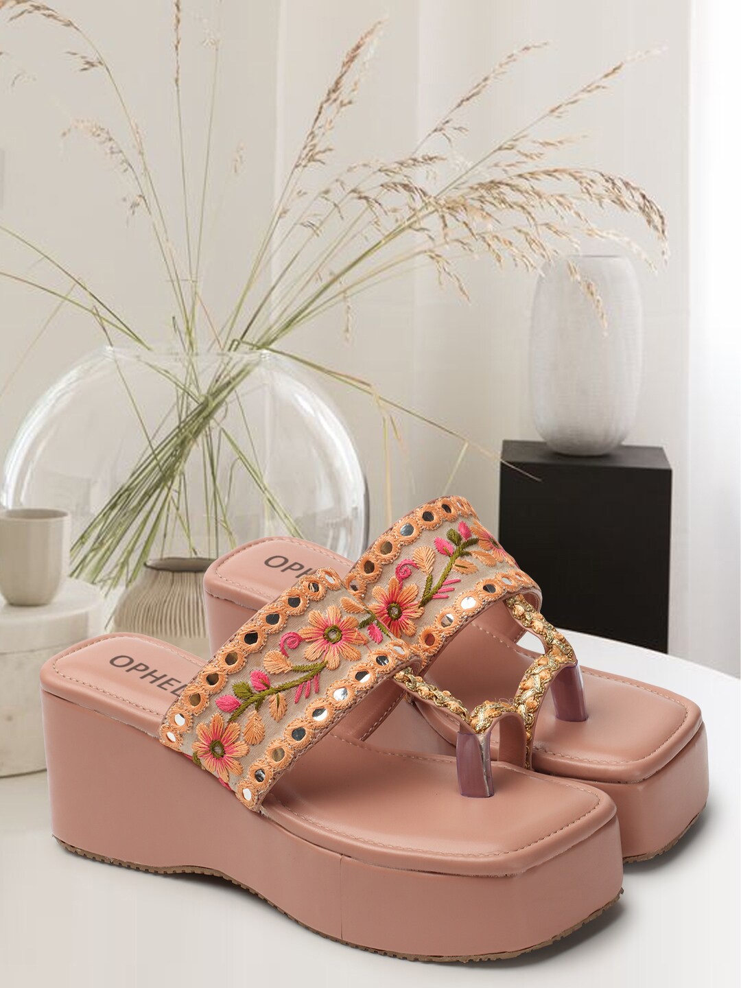 

OPHELIA Embroidered One Toe Flatform Heels, Pink