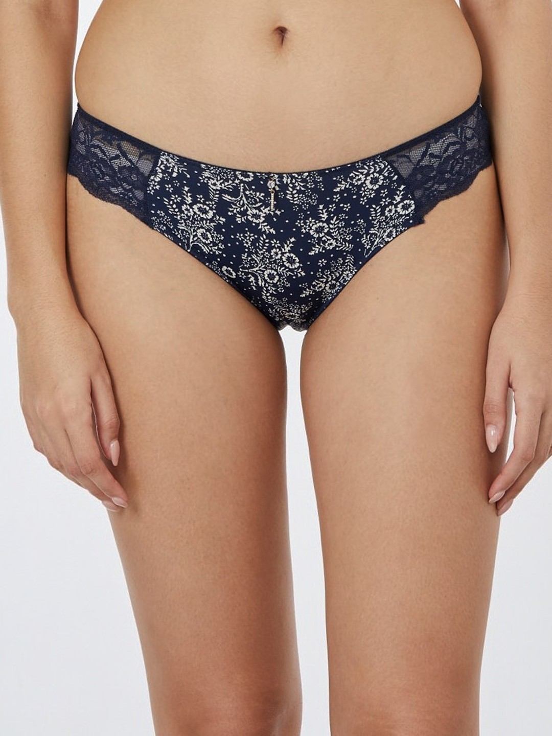 

Candour London Women Floral Printed Lace Bikini Briefs P2111-BI-PRINTEDNAVY-S, Navy blue