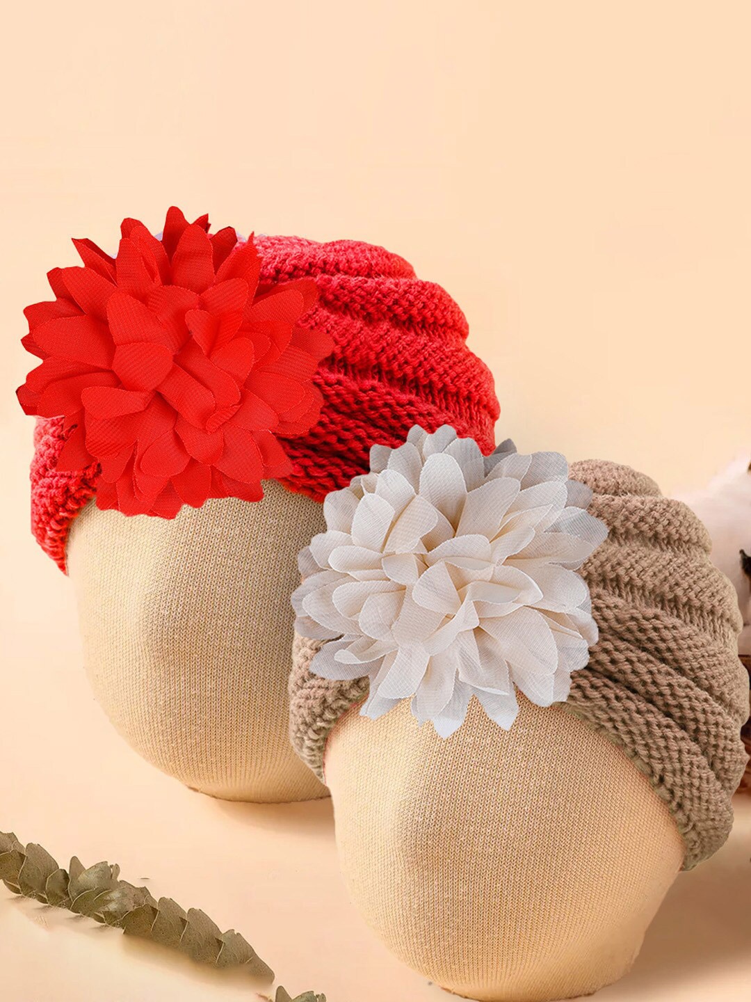 

Baby Moo Unisex Kids Set of 2 Woollen Beanie With Floral Embellished, Brown