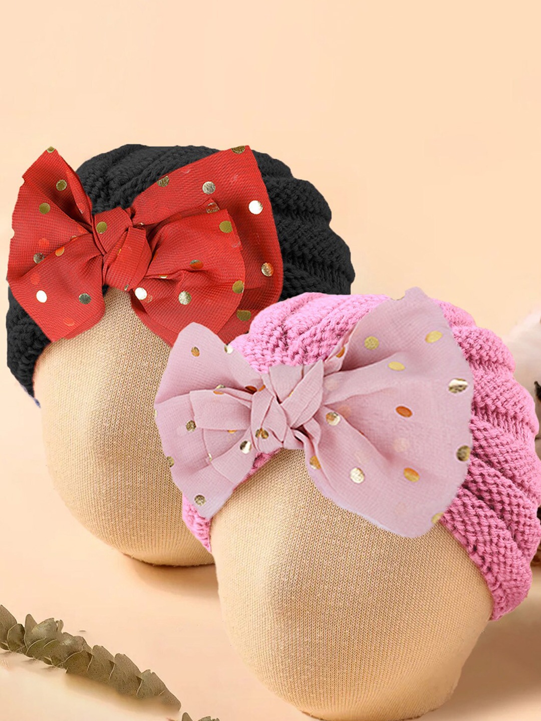 

Baby Moo Unisex Kids Set of 2 Woollen Beanie With Bow Embellished, Pink