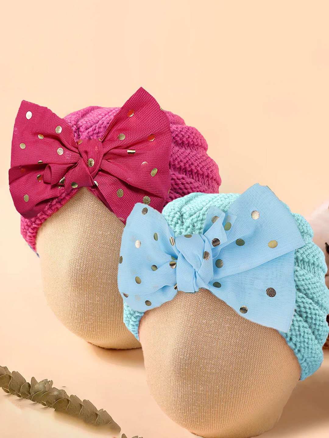 

Baby Moo Unisex Kids Set of 2 Woollen Beanie With Bow Embellished, Blue