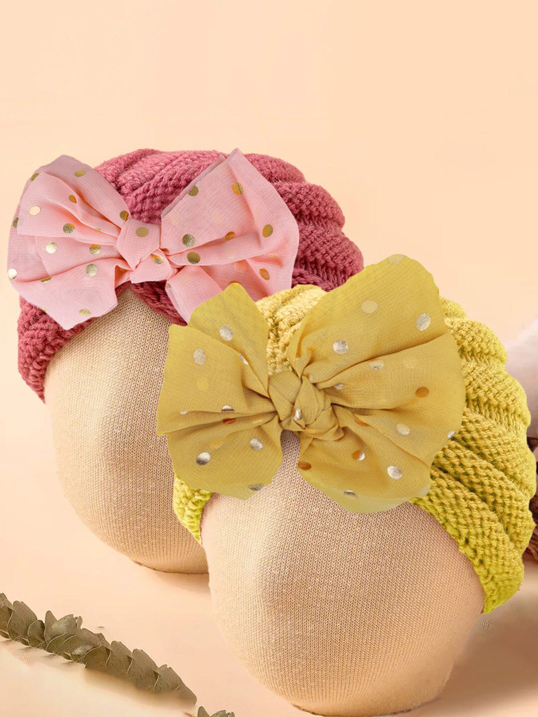 

Baby Moo Kids Set of 2 Woollen Beanie With Bow Embellished, Yellow