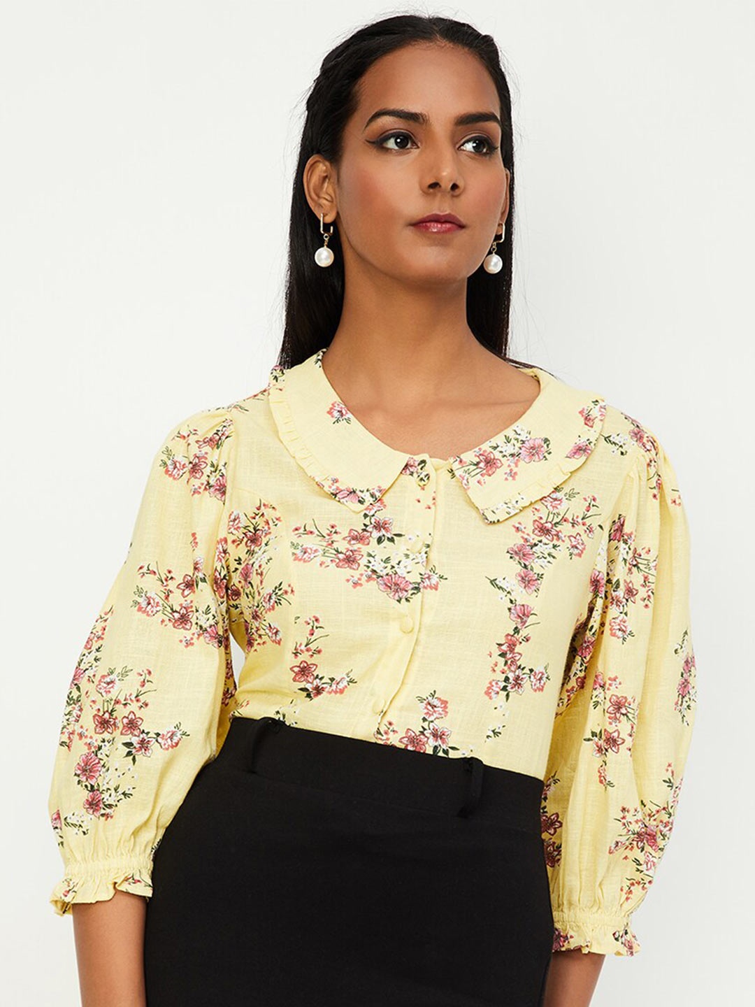 

max Floral Printed Puff Sleeves Shirt Style Top, Yellow