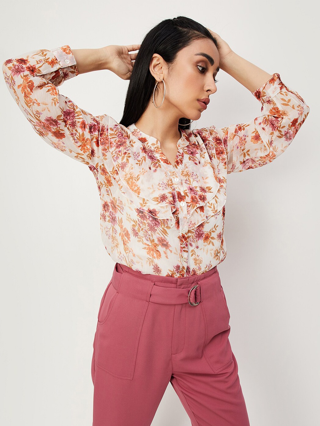 

max Floral Printed Mandarin Collar Shirt Style Top, White