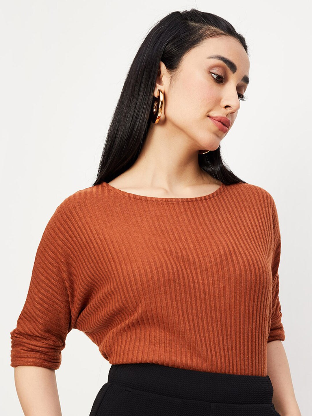 

max Self Design Extended Sleeves Ribbed Top, Rust