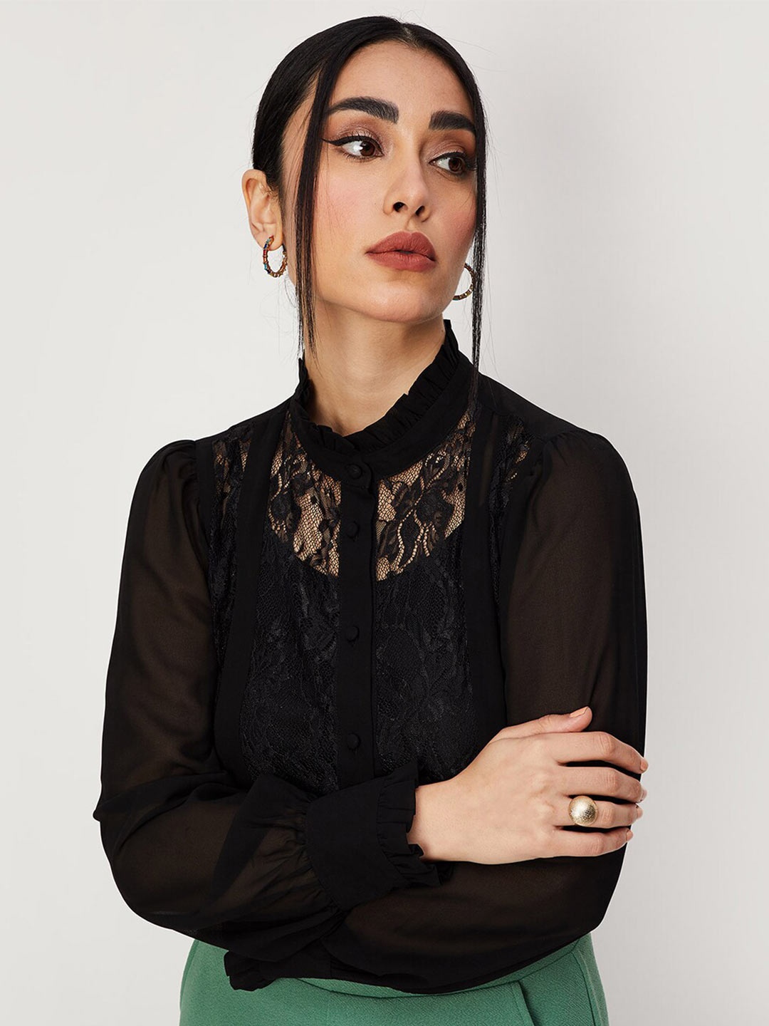 

max Self Design High Neck Cuffed Sleeves Shirt Style Top, Black