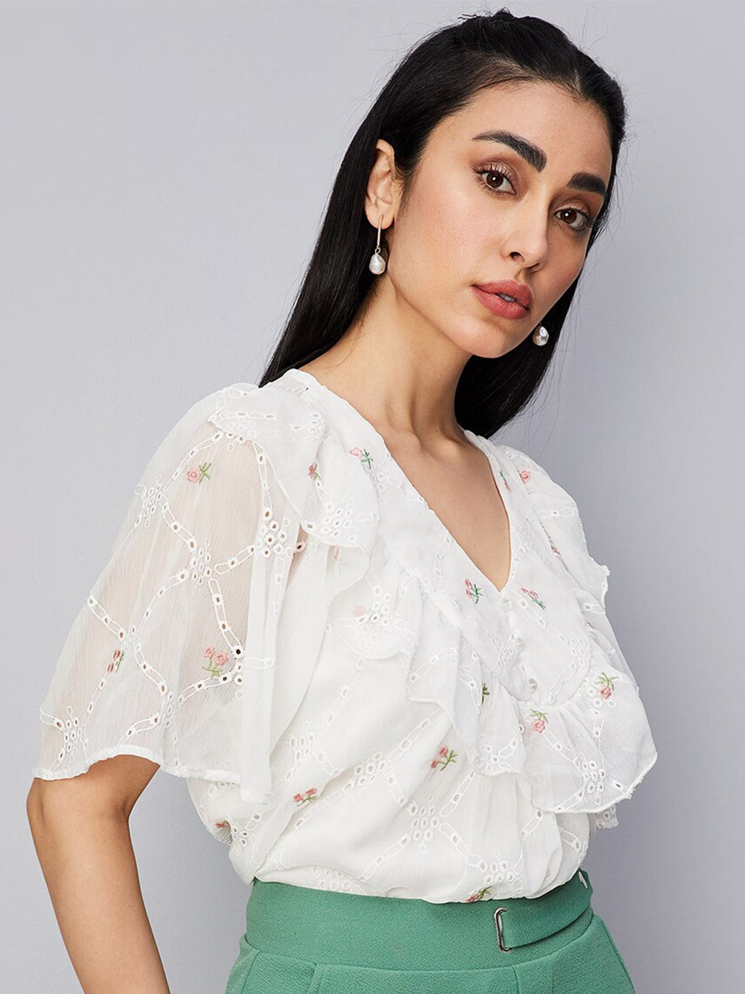 

max Floral Embroidered V-Neck Flared Sleeve Top, White